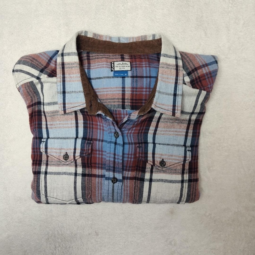 Kavu Shirt Womens Medium Blue Plaid Flannel Elbow Patch Cotton Outdoor